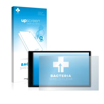 Parte frontal de un envase de producto con el logotipo de la marca upscreen. Al lado se muestra el dispositivo Garmin DriveSma