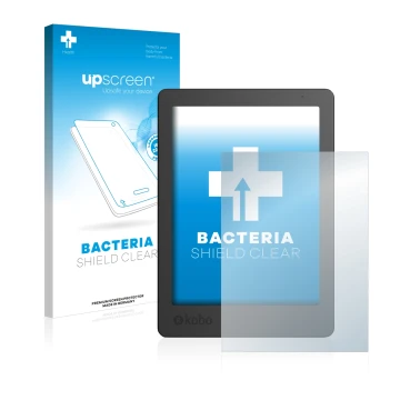 Parte frontal de un envase de producto con el logotipo de la marca upscreen. Al lado se muestra el dispositivo Kobo Aura Editi