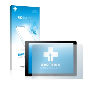 Parte frontal de un envase de producto con el logotipo de la marca upscreen. Al lado se muestra el dispositivo Samsung Galaxy 