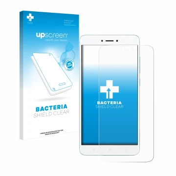 Parte frontal de un envase de producto con el logotipo de la marca upscreen. Al lado se muestra el dispositivo Xiaomi Redmi 4X
