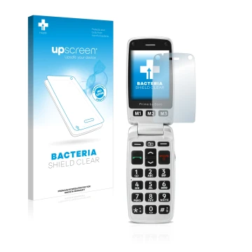 Parte frontal de un envase de producto con el logotipo de la marca upscreen. Al lado se muestra el dispositivo Doro Primo 413 