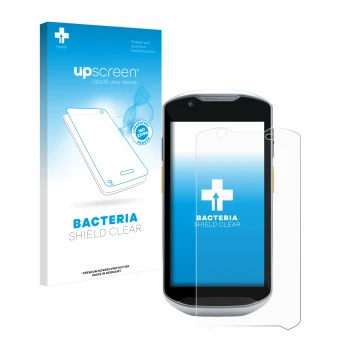 Parte frontal de un envase de producto con el logotipo de la marca upscreen. Al lado se muestra el dispositivo Zebra TC56 con 