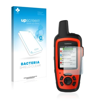 Parte frontal de un envase de producto con el logotipo de la marca upscreen. Al lado se muestra el dispositivo Garmin inReach 