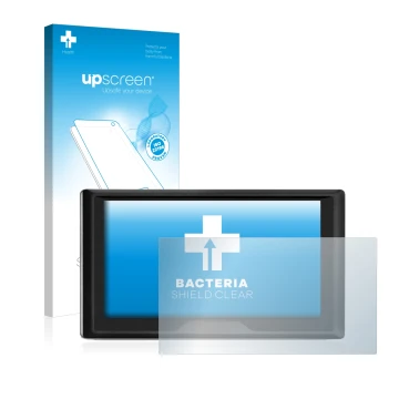Parte frontal de un envase de producto con el logotipo de la marca upscreen. Al lado se muestra el dispositivo Garmin Drive 61