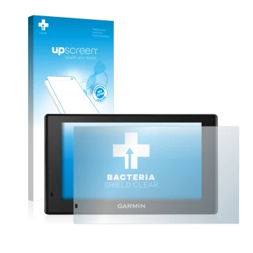 Parte frontal de un envase de producto con el logotipo de la marca upscreen. Al lado se muestra el dispositivo Garmin DriveSma