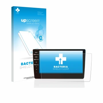 Parte frontal de un envase de producto con el logotipo de la marca upscreen. Al lado se muestra el dispositivo Volkswagen Golf