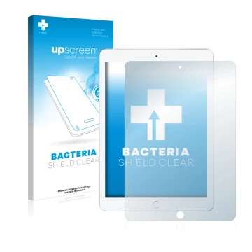 Parte frontal de un envase de producto con el logotipo de la marca upscreen. Al lado se muestra el dispositivo Apple iPad 9.7 