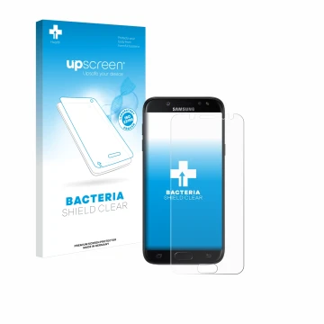 Parte frontal de un envase de producto con el logotipo de la marca upscreen. Al lado se muestra el dispositivo Samsung Galaxy 