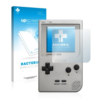 Parte frontal de un envase de producto con el logotipo de la marca upscreen. Al lado se muestra el dispositivo Nintendo Gamebo