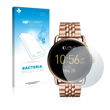 Parte frontal de un envase de producto con el logotipo de la marca upscreen. Al lado se muestra el dispositivo Fossil Q Wander