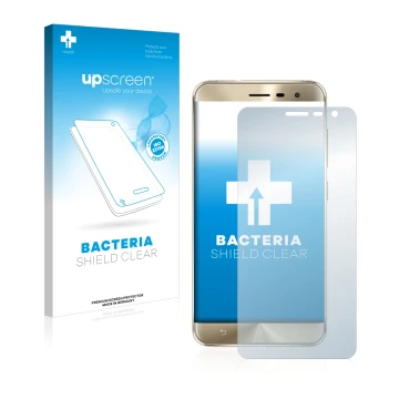 Parte frontal de un envase de producto con el logotipo de la marca upscreen. Al lado se muestra el dispositivo ASUS ZenFone 3 