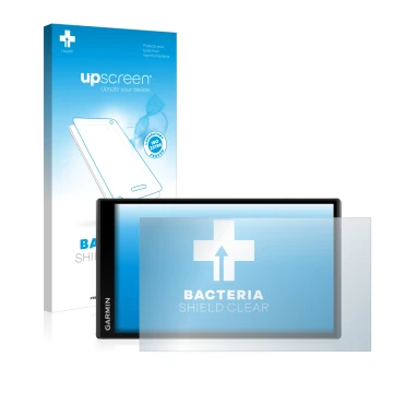 Parte frontal de un envase de producto con el logotipo de la marca upscreen. Al lado se muestra el dispositivo Garmin Camper 7