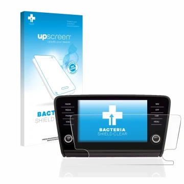 Parte frontal de un envase de producto con el logotipo de la marca upscreen. Al lado se muestra el dispositivo Skoda Octavia 2