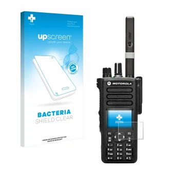Parte frontal de un envase de producto con el logotipo de la marca upscreen. Al lado se muestra el dispositivo Motorola DP4800