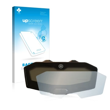 Parte frontal de un envase de producto con el logotipo de la marca upscreen. Al lado se muestra el dispositivo Yamaha MT-07 20