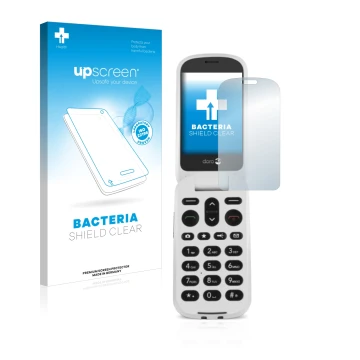 Parte frontal de un envase de producto con el logotipo de la marca upscreen. Al lado se muestra el dispositivo Doro 6050 con s