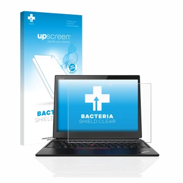 Parte frontal de un envase de producto con el logotipo de la marca upscreen. Al lado se muestra el dispositivo Lenovo ThinkPad