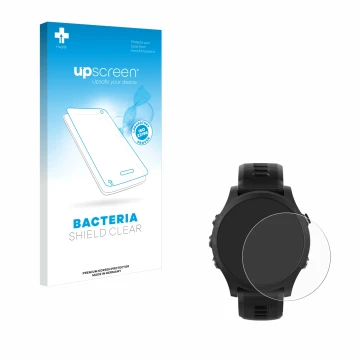 Parte frontal de un envase de producto con el logotipo de la marca upscreen. Al lado se muestra el dispositivo Garmin Forerunn