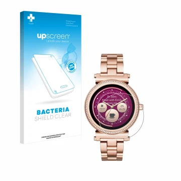 Parte frontal de un envase de producto con el logotipo de la marca upscreen. Al lado se muestra el dispositivo Michael Kors Ac