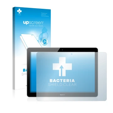 Parte frontal de un envase de producto con el logotipo de la marca upscreen. Al lado se muestra el dispositivo Huawei MediaPad
