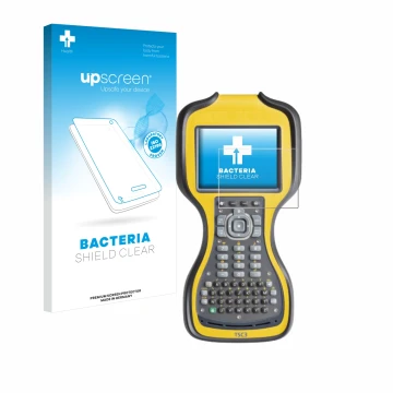 Parte frontal de un envase de producto con el logotipo de la marca upscreen. Al lado se muestra el dispositivo Trimble TSC3 co