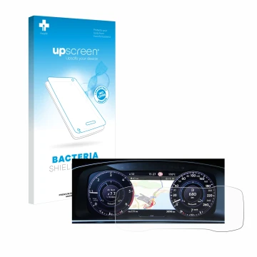 Parte frontal de un envase de producto con el logotipo de la marca upscreen. Al lado se muestra el dispositivo Volkswagen Golf