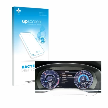 Parte frontal de un envase de producto con el logotipo de la marca upscreen. Al lado se muestra el dispositivo Volkswagen Tigu