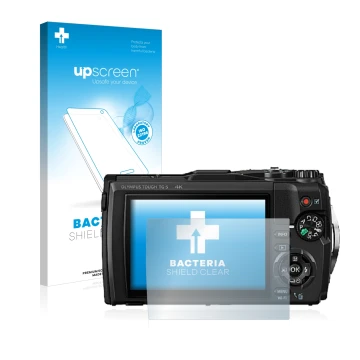 Parte frontal de un envase de producto con el logotipo de la marca upscreen. Al lado se muestra el dispositivo Olympus Tough T