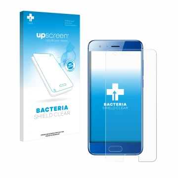 Parte frontal de un envase de producto con el logotipo de la marca upscreen. Al lado se muestra el dispositivo Honor 9 con su 