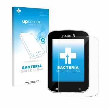 Parte frontal de un envase de producto con el logotipo de la marca upscreen. Al lado se muestra el dispositivo Garmin Edge Exp