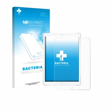 Parte frontal de un envase de producto con el logotipo de la marca upscreen. Al lado se muestra el dispositivo Apple iPad Pro 