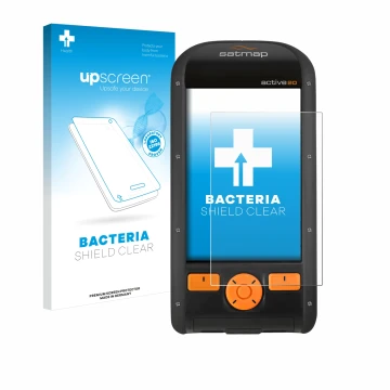 Parte frontal de un envase de producto con el logotipo de la marca upscreen. Al lado se muestra el dispositivo Satmap Active 2