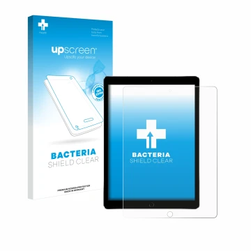 Parte frontal de un envase de producto con el logotipo de la marca upscreen. Al lado se muestra el dispositivo Apple iPad Pro 