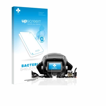 Parte frontal de un envase de producto con el logotipo de la marca upscreen. Al lado se muestra el dispositivo KTM 1290 Super 