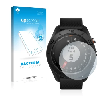 Parte frontal de un envase de producto con el logotipo de la marca upscreen. Al lado se muestra el dispositivo Garmin Approach