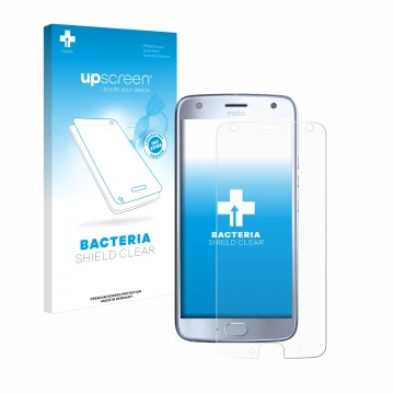 Parte frontal de un envase de producto con el logotipo de la marca upscreen. Al lado se muestra el dispositivo Motorola Moto X