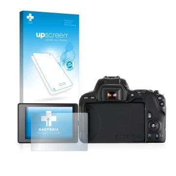 Parte frontal de un envase de producto con el logotipo de la marca upscreen. Al lado se muestra el dispositivo Canon EOS 200D 