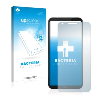 Parte frontal de un envase de producto con el logotipo de la marca upscreen. Al lado se muestra el dispositivo LG Q6 con su pr