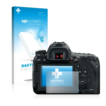 Parte frontal de un envase de producto con el logotipo de la marca upscreen. Al lado se muestra el dispositivo Canon EOS 6D Ma
