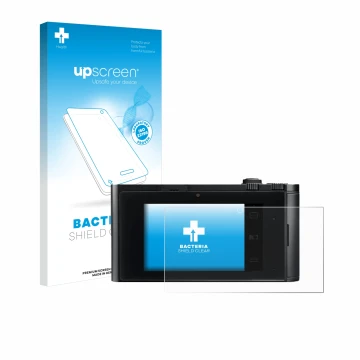 Parte frontal de un envase de producto con el logotipo de la marca upscreen. Al lado se muestra el dispositivo Leica TL2 con s