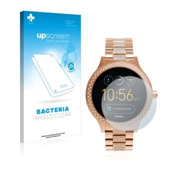 Parte frontal de un envase de producto con el logotipo de la marca upscreen. Al lado se muestra el dispositivo Fossil Q Ventur