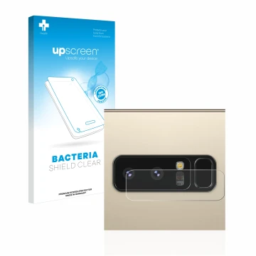 Parte frontal de un envase de producto con el logotipo de la marca upscreen. Al lado se muestra el dispositivo Samsung Galaxy 