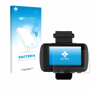 Parte frontal de un envase de producto con el logotipo de la marca upscreen. Al lado se muestra el dispositivo Garmin Foretrex