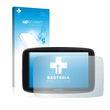 Parte frontal de un envase de producto con el logotipo de la marca upscreen. Al lado se muestra el dispositivo TomTom GO 6250 