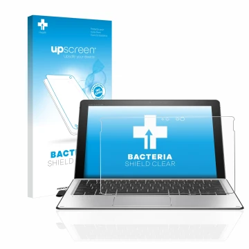 Parte frontal de un envase de producto con el logotipo de la marca upscreen. Al lado se muestra el dispositivo HP Elite x2 101