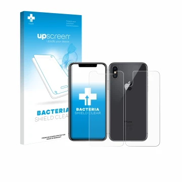 Parte frontal de un envase de producto con el logotipo de la marca upscreen. Al lado se muestra el dispositivo Apple iPhone X 