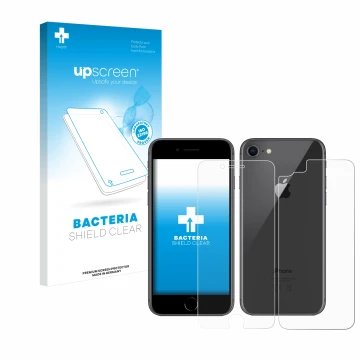 Parte frontal de un envase de producto con el logotipo de la marca upscreen. Al lado se muestra el dispositivo Apple iPhone 8 
