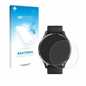 Parte frontal de un envase de producto con el logotipo de la marca upscreen. Al lado se muestra el dispositivo Garmin vivomove
