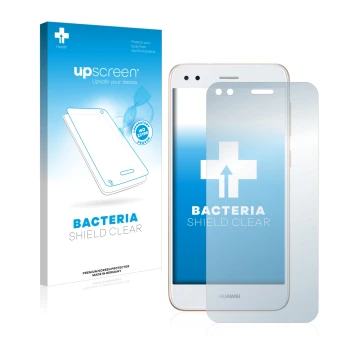Parte frontal de un envase de producto con el logotipo de la marca upscreen. Al lado se muestra el dispositivo Huawei P9 Lite 