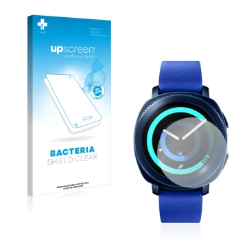 Parte frontal de un envase de producto con el logotipo de la marca upscreen. Al lado se muestra el dispositivo Samsung Gear Sp